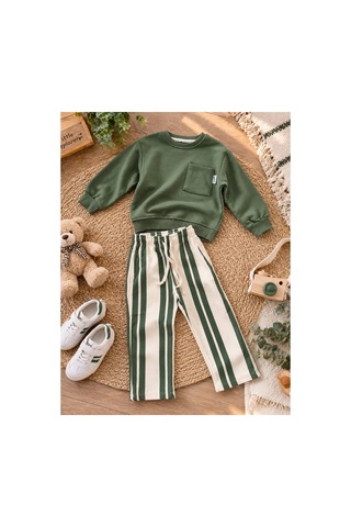 Uğur Bebe Erkek Çocuk Haki Sweatshirt Çizgili Pantolon 2'li Takım Günlük Spor Şık Kombin Haki Haki