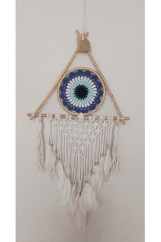 Düş Kapanı Üçgen Göz Makrome Dreamcatcher Bambu Nazarlı Beyaz Kuş Tüyü Rüya Kapanı Duvar Süsü Elişi