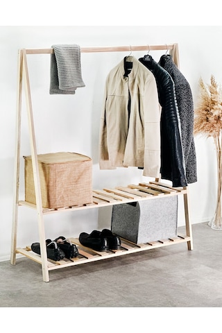 Ahşap Askılık Ayakkabılıklı Ayaklı Elbise Askısı 6014 Kahverengi