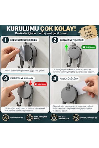 Vakumlu Havlu Bornoz Askısı 9 Kg Çift Kancalı Delmeden Montaj Banyo Mutfak Duvar Askısı Gri