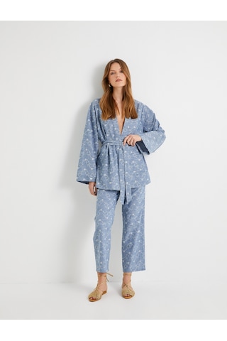 Koton Kimono Beli Kuşaklı Çiçek İşlemeli Fistolu Mavi 4sak50053pw Mavi