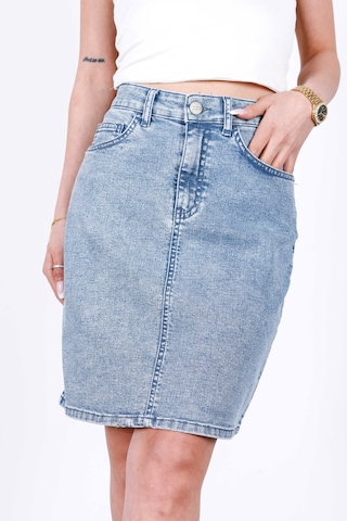 HLT Jeans Mavi Kar Kadın Regular Fit Likralı Yüksek Bel Orta Boy Denim Kot Etek Alice-4008