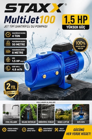 Staxx Stx1520mj Multijet100 1100w 1.5hp Tam Güç Tam Bakır Sargılı Jet Pompa Bahçe Sulama Hidroforu
