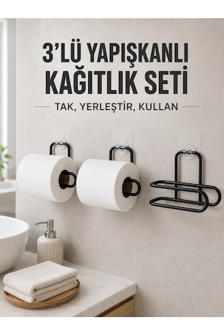 3 Lü Siyah Duvar Tipi Kağıtlık Seti Yapışkanlı Pratik Rulo Tutucu Najmaddin Çok Renkli