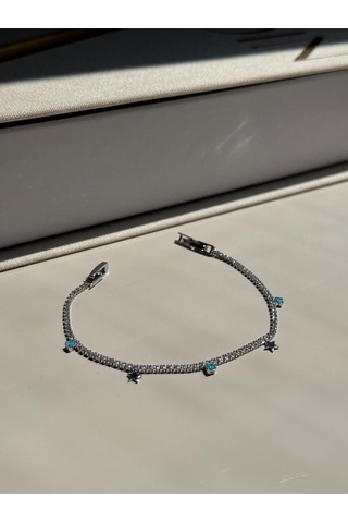 Yıldız Figürlü Mavi Taş Detaylı Gümüş Renk Çelik Bileklik Zarif Kadın Takı Gümüş
