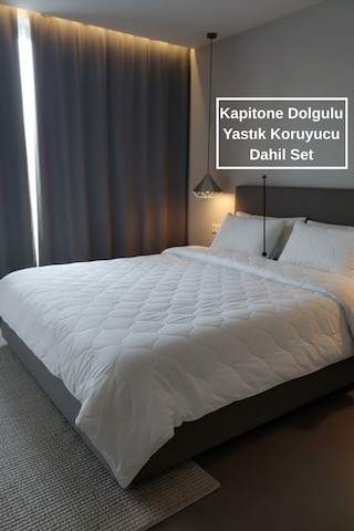 Ultra Yumuşak Kapitone Silikon Yorgan Tek Kişilik 155x215cm 1 Adet Yastık Koruyucu Kılıf Dahil Beyaz