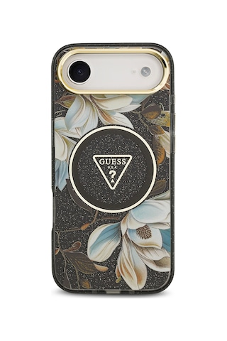 Apple Uyumlu iPhone 17 Air Kılıf Guess Lisanslı M-safeli Simli Çiçek Desenli Metal Kamera Çerçeveli Kapak Siyah Siyah