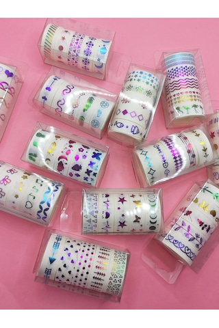 Renkli Yaldızlı Vintage Washi Tape Bant Yapışkanlı Maskeleme Kağıdı 5 Lı - Kiraz 1