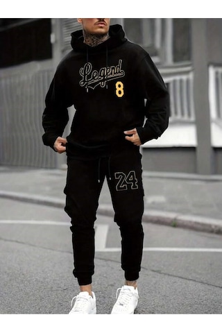 Harmandar Legend 8 Kışlık Alt Üst Takımı Sweatshirt Eşofman Altı - Siyah Baskılı Oversize Kapüşonlu Siyah