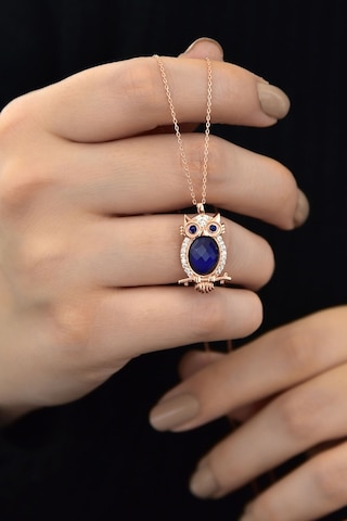 Papatya Silver 925 Ayar Gümüş Rose Altın Kaplama Lacivert Göz His Taşı Baykuş Kolye