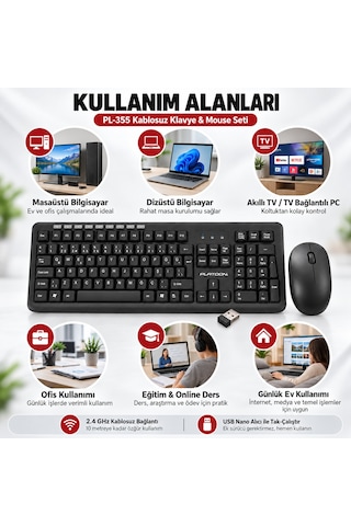 Platoon Pl-355 Kablosuz Türkçe Q Klavye Mouse Seti 2.4 Ghz Usb Nano Alıcılı Multimedya Optik