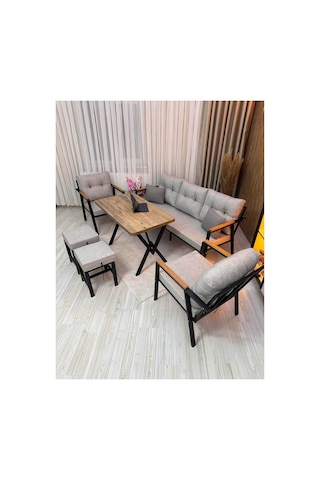 Houseart Dora 3 -1 - 1 + Masa + 2 Adet Puf , Balkon, Bahçe, Teras, Cafe - Salon - Metal Kanepe Koltuk Takımı , Çay Seti Açık Gri