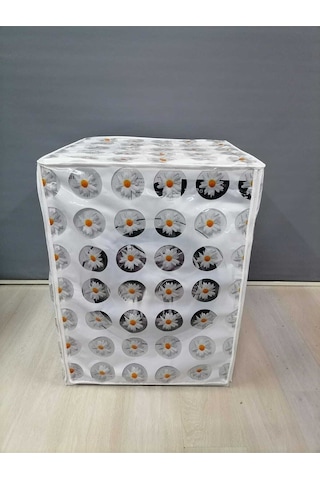 Papatya Desenli Pvc Çamaşır Ve Kurutma Makinesi Örtüsü - Su Ve Toz Geçirmez Leke Tutmaz Beyaz