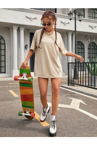 Unisex Bej Bisiklet Yaka Pamuk Oversize Boyfriend T-shirt Bej