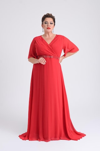 Lilas Xxl Kadın Büyük Beden Uzun Şifon Abiye Elbise 9510 Kırmızı Kırmızı
