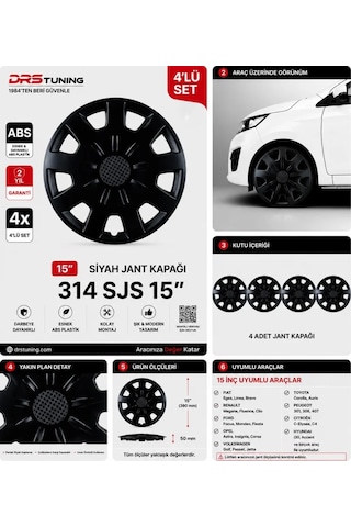 Volkswagen Uyumlu 15 Inç Kırılmaz Parlak Siyah Jant Kapağı 1 Takım 4 Adet No:314