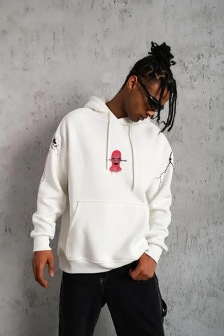 Vexor Erkek Maske Baskılı Kapüşonlu Sweat - Beyaz