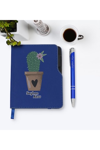 Kişiye Özel Kaktüs Tasarımlı Lacivert Termo Deri Defter Kalem Set N11.2128