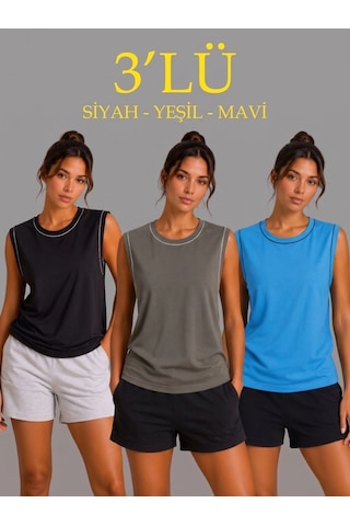 Mbb E-ticaret Kadın 3 Lü Kolsuz Sporcu Atlet Seti Yazlık Bisiklet Yaka - Siyah, Haki, Mavi Çok Renkli