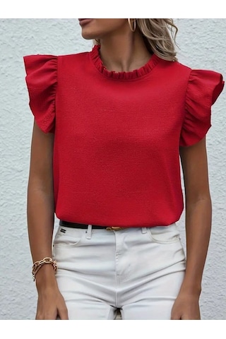 Kadın Kısa Kollu Fırfır Yakalı Bürümcük Bluz Kırmızı