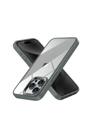 Apple iPhone Uyumlu 15 Pro İçin Hybrid Serisi Arkası Kristal Şeffaf Polikarbonat Kenarları Silikon Kamera Lens Çerçevesi Ve Tuşları Metal Yüksek Kalite Şeffaf Silikon Kılıf Titanyum Gri, Klasik