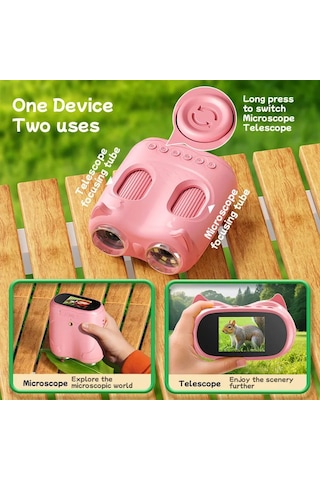 387 Pembe 2'si 1 Arada Dijital Çocuk Mikroskobu & Dürbün - 1000x Büyütme, 1000 Metre Menzil, 2 Mp Full Hd Ekranlı Eğitici Bilim Kiti