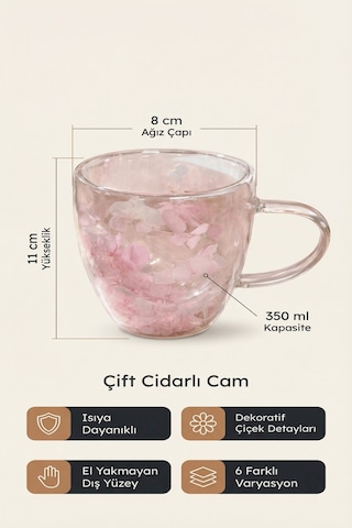 Makri Home Pembe Beyaz Çiçekli Çift Cidarlı Cam Kupa, 350 Ml, 11 Cm X 8 Cm Çok Renkli