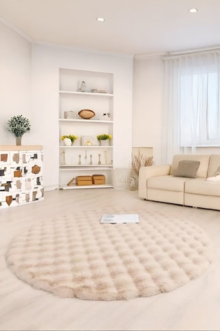 My Evilla Bubble Yuvarlak Bej Uzun Tüylü Yumuşak Peluş Kaymaz Yıkanabilir Salon Oturma Odası Balkon Halısı