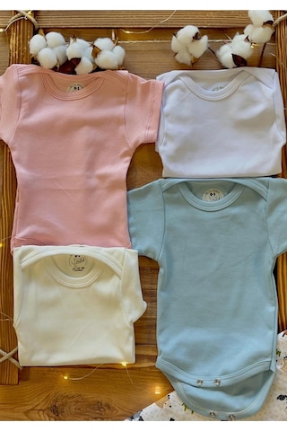 Betül Bebek Kısa Kollu 4'lü Organik Pamuk Çıtçıtlı Bebek Body & Zıbın Pembe,ekru,mavi,beyaz Çok Renkli