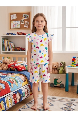 Aliş Kids Kız Çocuk Pamuklu Beyaz Desenli Kolları Fırfırlı Şortlu Yazlık Pijama Takımı