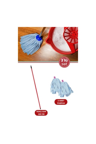 Standart Mop Temizlik Kovalarıyla Uyumlu Sap Ve Paspas Seti, 120cm Vidalı Metal Sap + 2 Adet Paspas