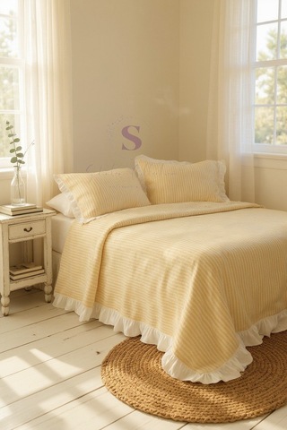 Sarı-bej % 100 Pamuk Fırfır İplik Boyalı Çift Kişilik Nevresim Takımı,modern Çizgili Nevresım Seti Sarı Bej