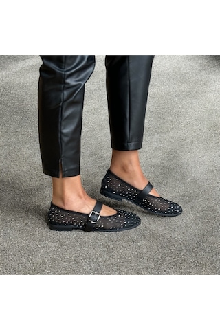 Ne&ve Shoes Siyah File Taş Detaylı Tek Bantlı Günlük Rahat Babet