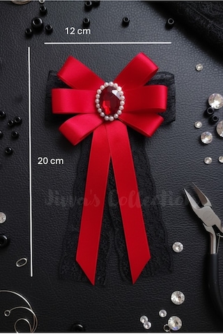 Kadın Fiyonk Broş-kırmızı. Parlayan Rhinestone Çiçek Detaylı. Fiyonk Broş Kurdele. El Yapımı Özel Çok Renkli