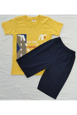 Aybeyce Newyork London Berlin Baskılı 9-12 Yaş Erkek Çocuk Şort-Tshirt Takım Sarı