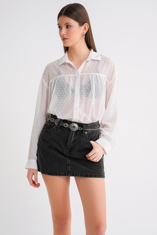 4678 Kadın İnce Desenli Robalı Yazlık Transparan Gömlek Beyaz Beyaz