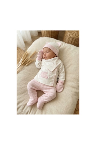 Bambık Gaye Bebe Ayı Figürlü %100 Pamuk 5'li Bebek Takımı Patikli Alt, Üst, Önlük, Eldiven, Bere Beyaz Beyaz