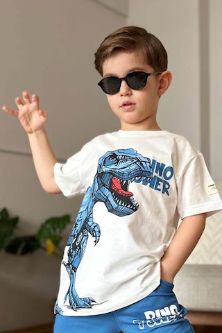 Riccotarz Erkek Çocuk Dinazor Digital Baskı Ve Yazı Detaylı T-shirt Mavi Eşofman Takım Buz Mavi