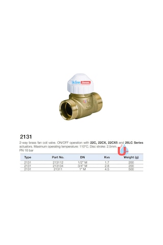 Watts Wt-213134p Pn16, Dn20 İki Yollu Dişli Fan-coil Vana Gövdesi, Kvs 2,8