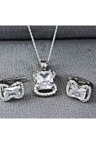 Lilahgümüştr Gümüş Beyaz Taşlı Baget Kadın Kolye Küpe