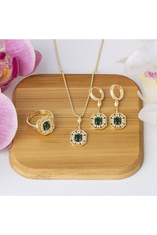 Yeşil Zirkon Taşlı Gold Rengi 925 Ayar Gümüş Kadın 3'lü Set Gold
