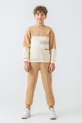 Erkek Çocuk Brooklyn Skat Clup Baskılı 3 İplik Kalın Kışlık Eşofman Takımı Ak4228 Bej