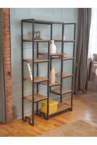 Çam Rengi Ahşap Raflı Metal Kitaplık 12 Raflı Ünite