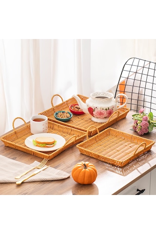 Porsima 709b Kare 3'lü Hasır Tepsi Dekoratif Sunum Servis Tepsisi