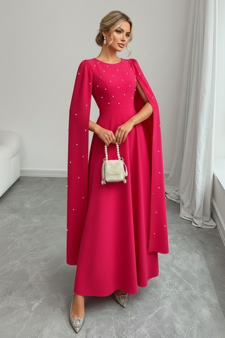 Defymoda Kadın İnci İşlemeli Şık Gece Davet Elbise Pembe