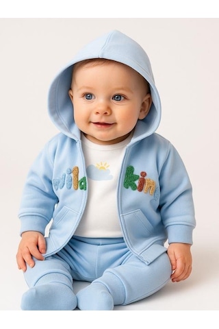 3 Lü Organik Bebek Kapüşonlu Eşofman Takımı-16188 Mavi