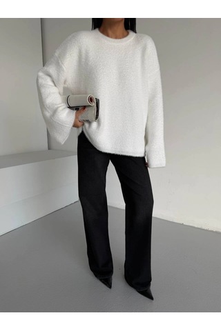 Maximodena Yumuşak Dokulu Oversize Triko Kazak Ekru - Ekru