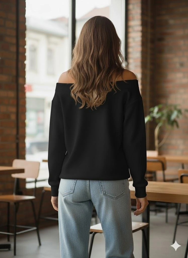 Siyah Kadın Oversize Dudak Baskılı Sweatshirt -kayık Yaka 3 İplik Kumaş, Off Shoulder, Rahat Günlük Sweat Siyah