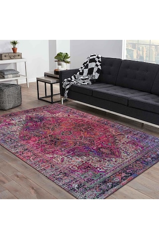 Ozrin Desenli Kadife Pamuk Tabanlı Yıkanabilen Kaydırmaz Antibakteriyel Salon Halısı 120x180 Çok Renkli
