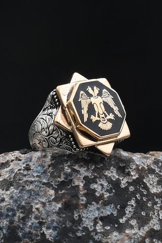 Doğal Oniks Taşlı Tesbih Ve 925 Ayar Gümüş Yüzük Selçuklu Kartalı Mineli 902065 Gümüş